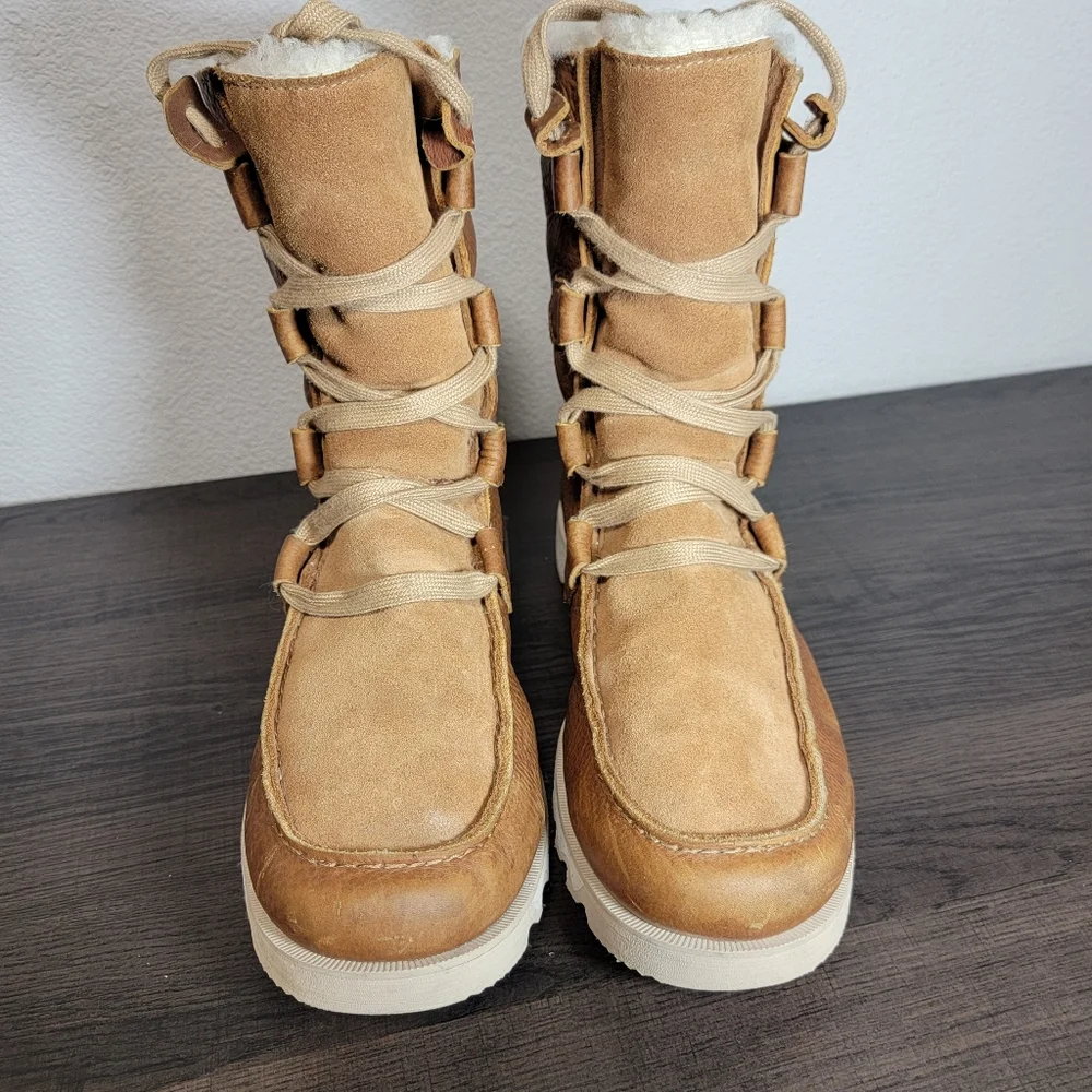 Sorel Kezar Waterproof Leather- Suede Tall Storm Sherpa Lined Laceup Boots Tan - Picture 7 of 8